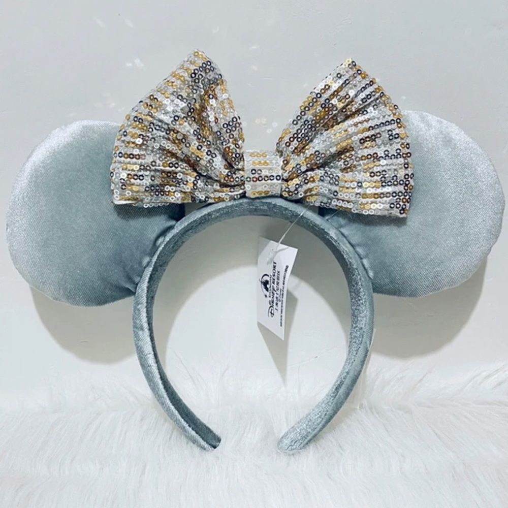 DISNEY PARKS MINNIE MOUSE EARS WINTER FROST GRAY QUILTED BOW HEADBAND